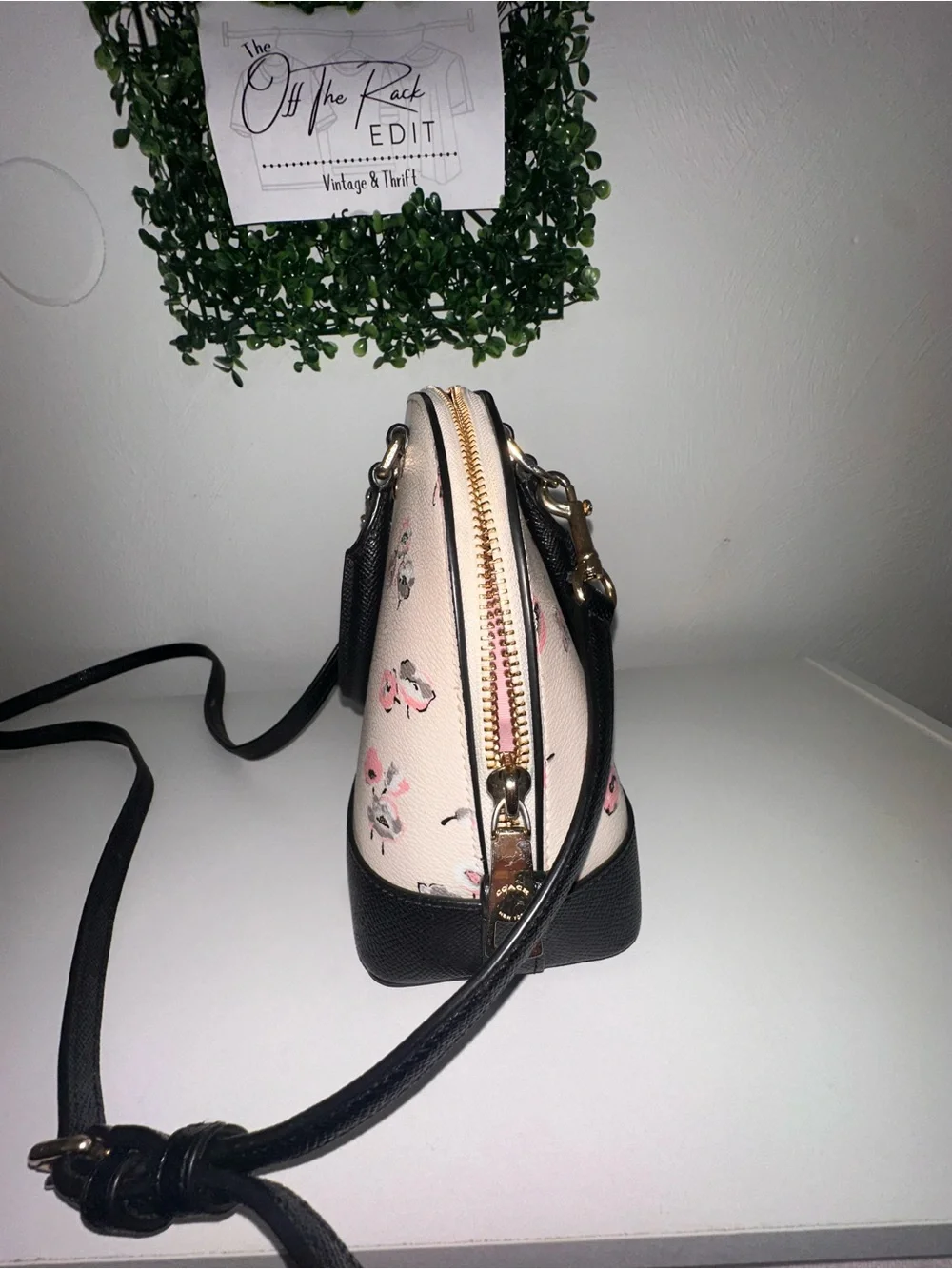 Coach Pink Floral Dome Satchel with Black Trim and Gold Hardware